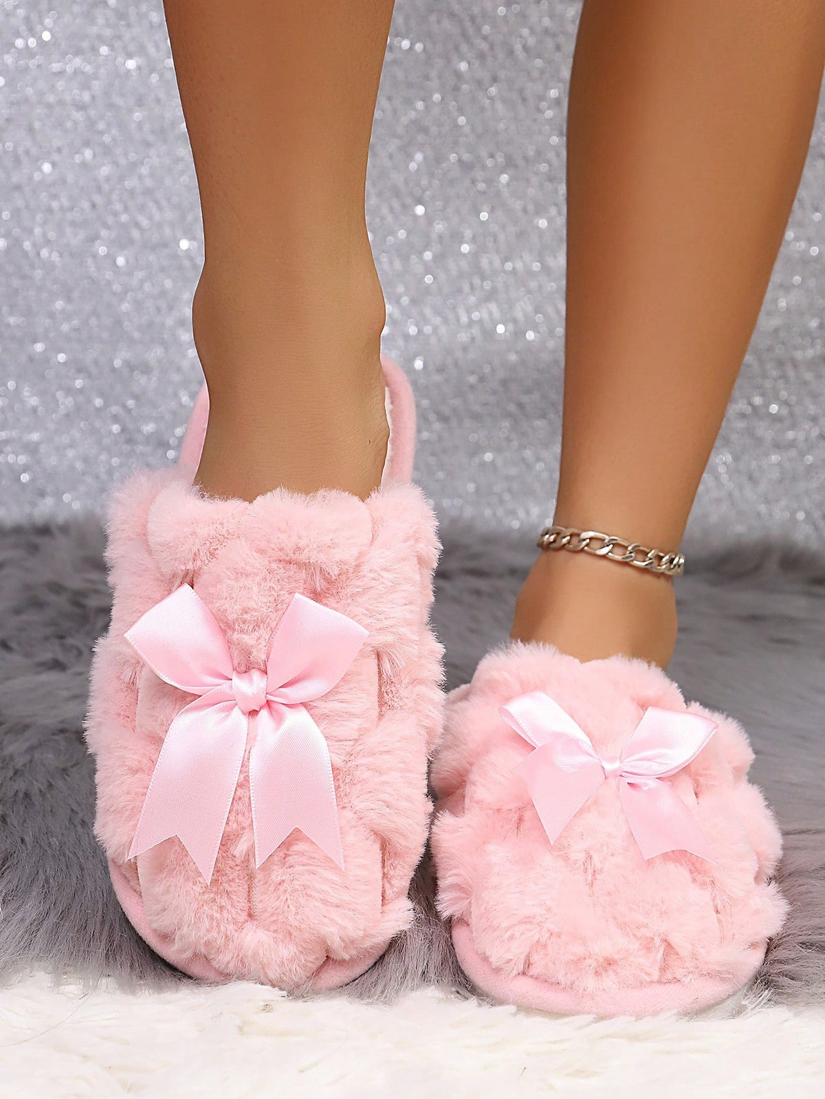 Women's Fuzzy Bow Slippers, Closed-Toe Plush Mules with Satin Bow, Pink, view 5