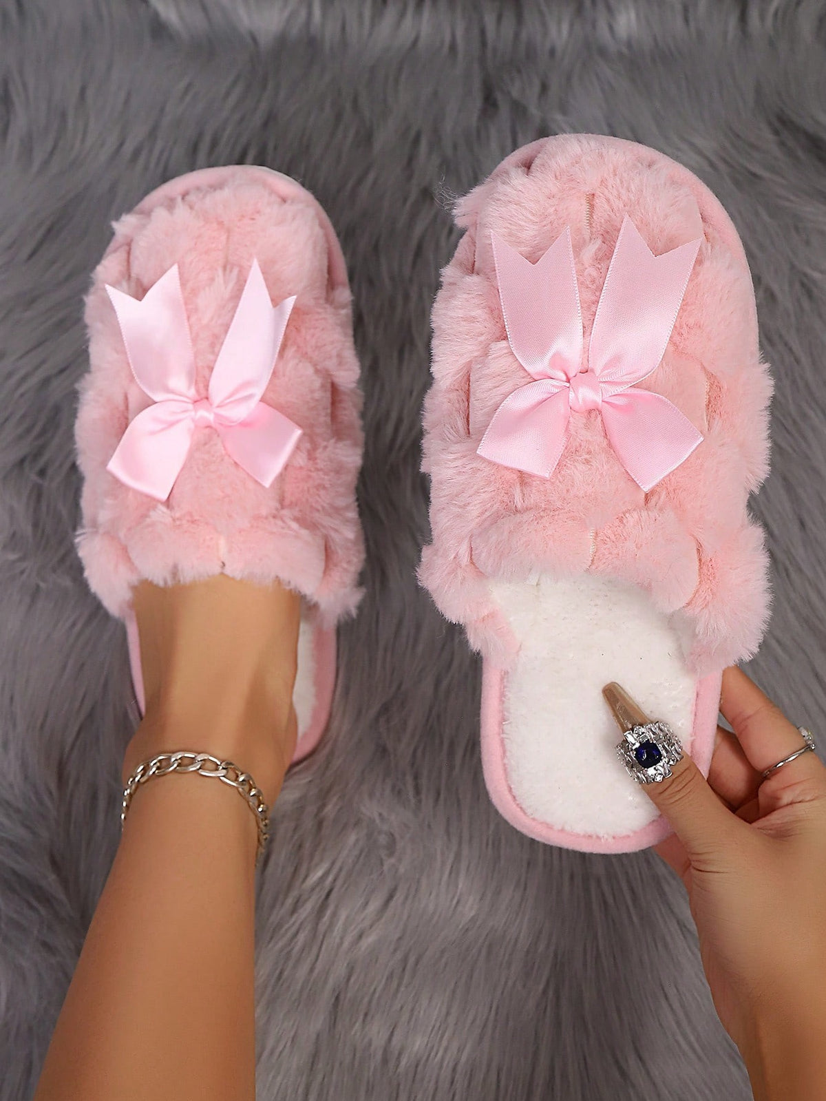 Women's Fuzzy Bow Slippers, Closed-Toe Plush Mules with Satin Bow, Pink, view 3