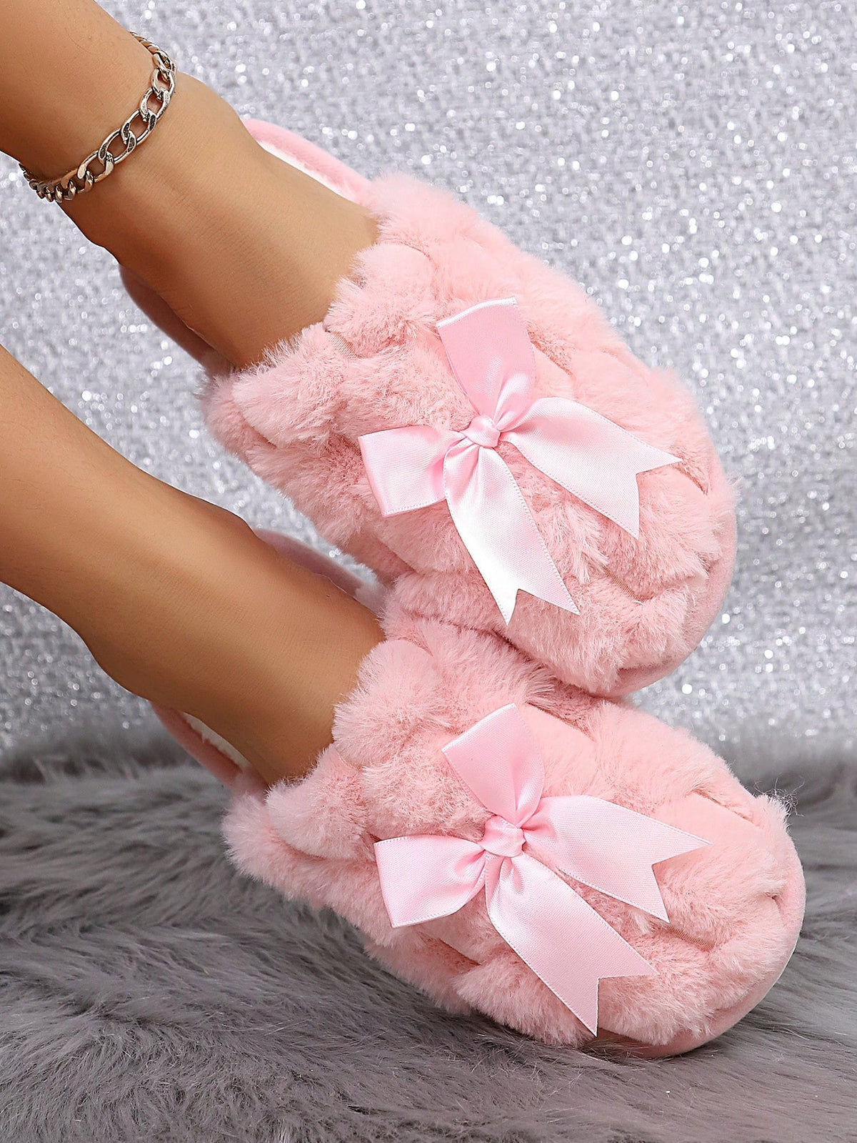 Women's Fuzzy Bow Slippers, Closed-Toe Plush Mules with Satin Bow, Pink, view 4