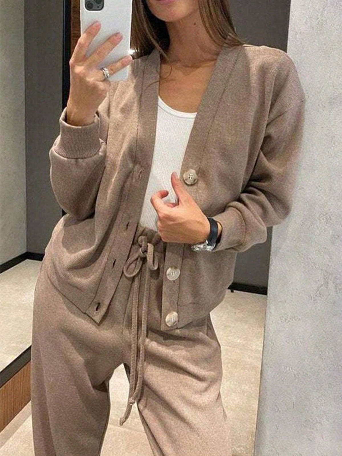 Women's Knit Lounge Set, Button Cardigan and Drawstring Pants, Two-Piece Matching Set, Coffee Brown, view 4