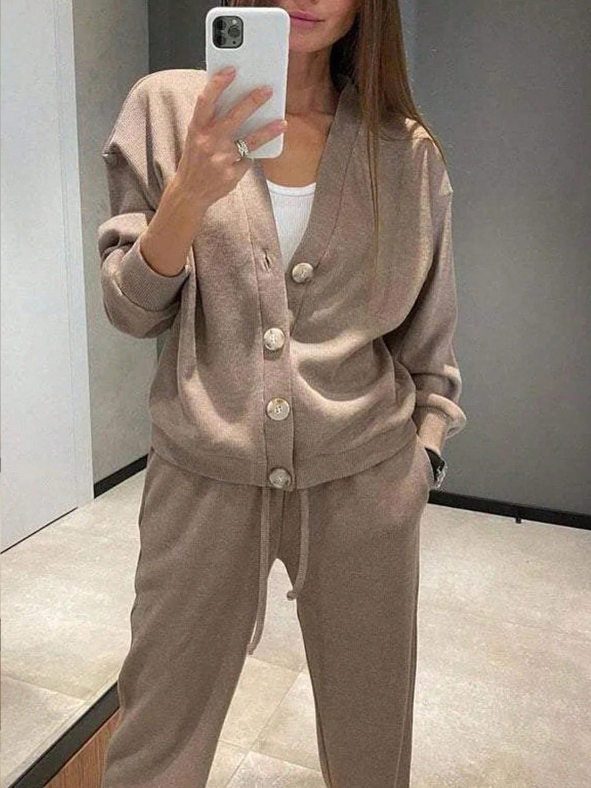 Women's Knit Lounge Set, Button Cardigan and Drawstring Pants, Two-Piece Matching Set, Coffee Brown, view 3