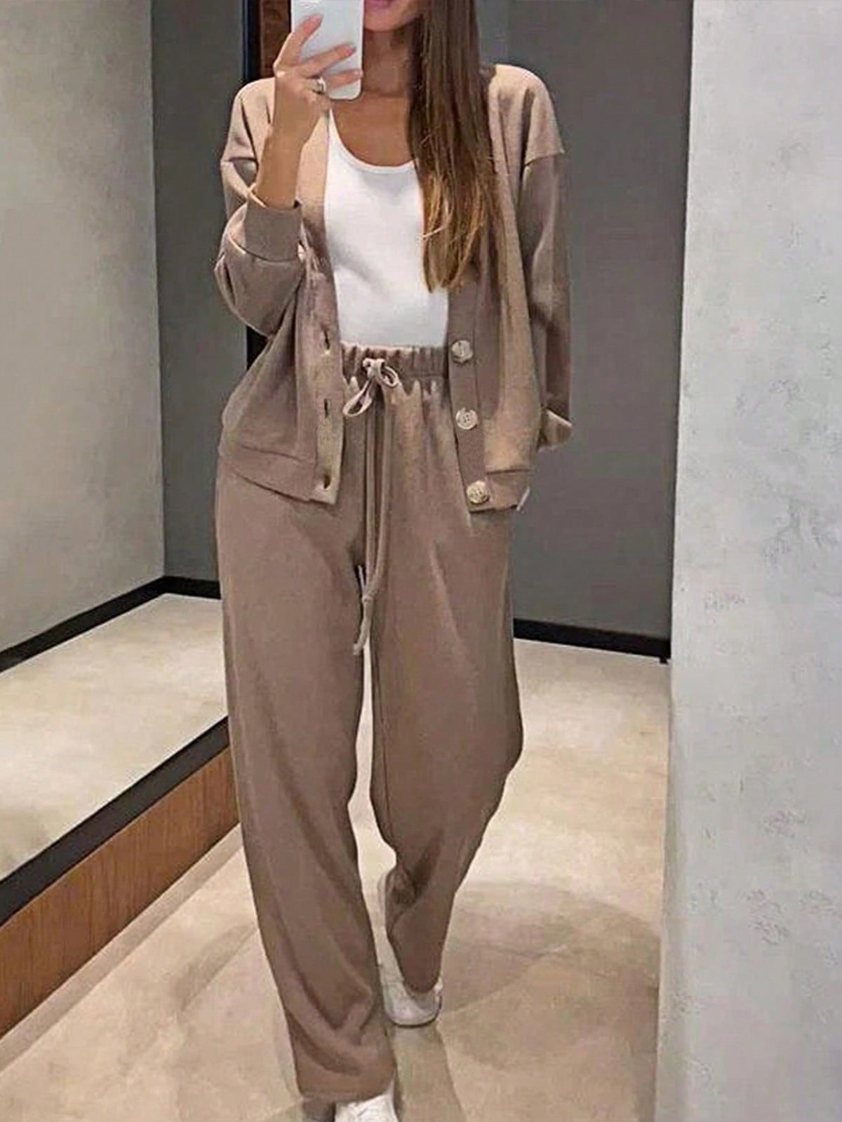 Women's Knit Lounge Set, Button Cardigan and Drawstring Pants, Two-Piece Matching Set, Coffee Brown