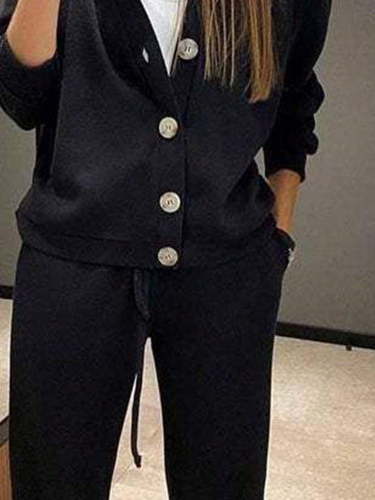Women's Knit Lounge Set, Button Cardigan and Drawstring Pants, Two-Piece Matching Set, Black, view 4