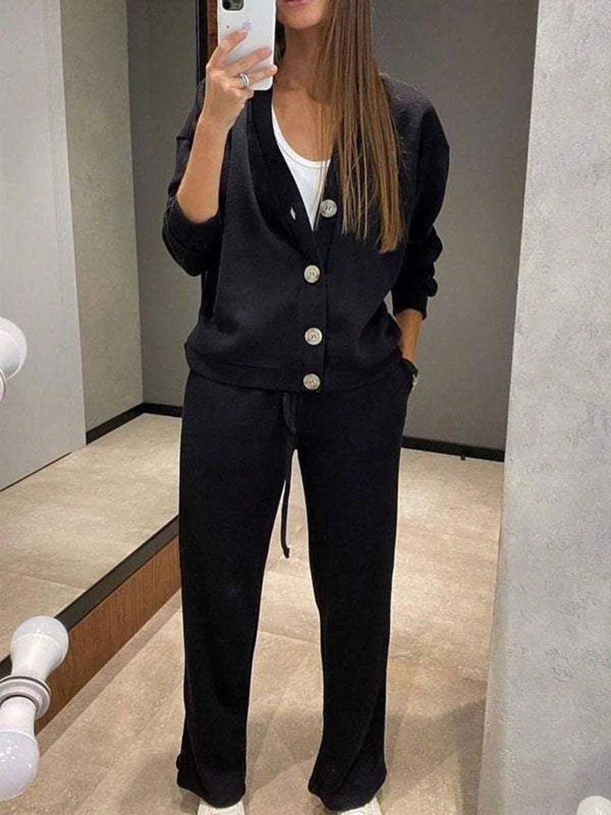 Women's Knit Lounge Set, Button Cardigan and Drawstring Pants, Two-Piece Matching Set, Black, view 3