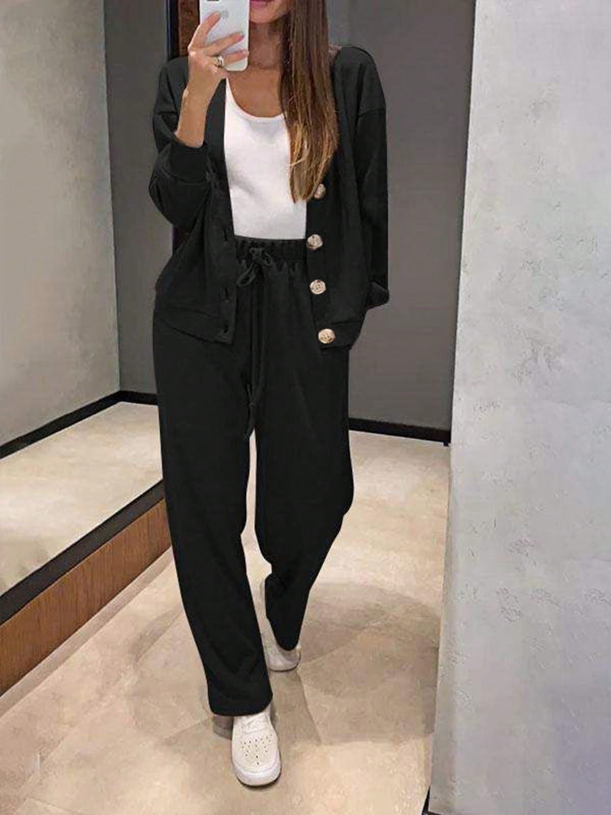 Women's Knit Lounge Set, Button Cardigan and Drawstring Pants, Two-Piece Matching Set, Black