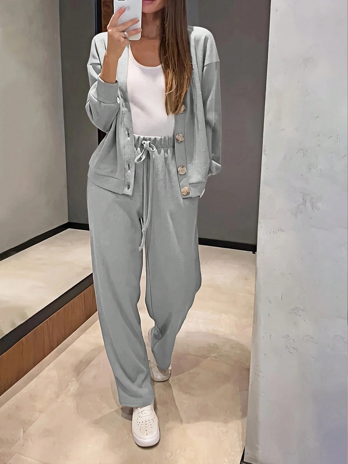 Women's Knit Lounge Set, Button Cardigan and Drawstring Pants, Two-Piece Matching Set, Gray