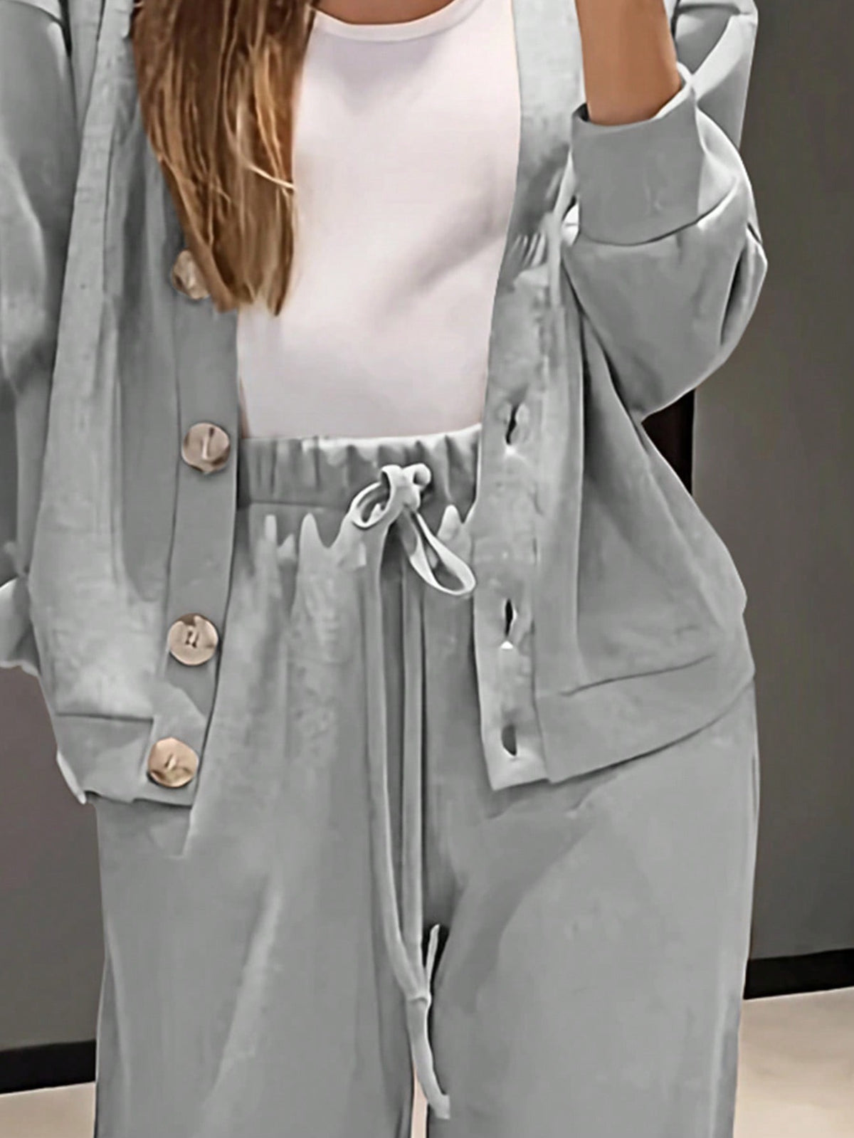 Women's Knit Lounge Set, Button Cardigan and Drawstring Pants, Two-Piece Matching Set, Gray, view 2