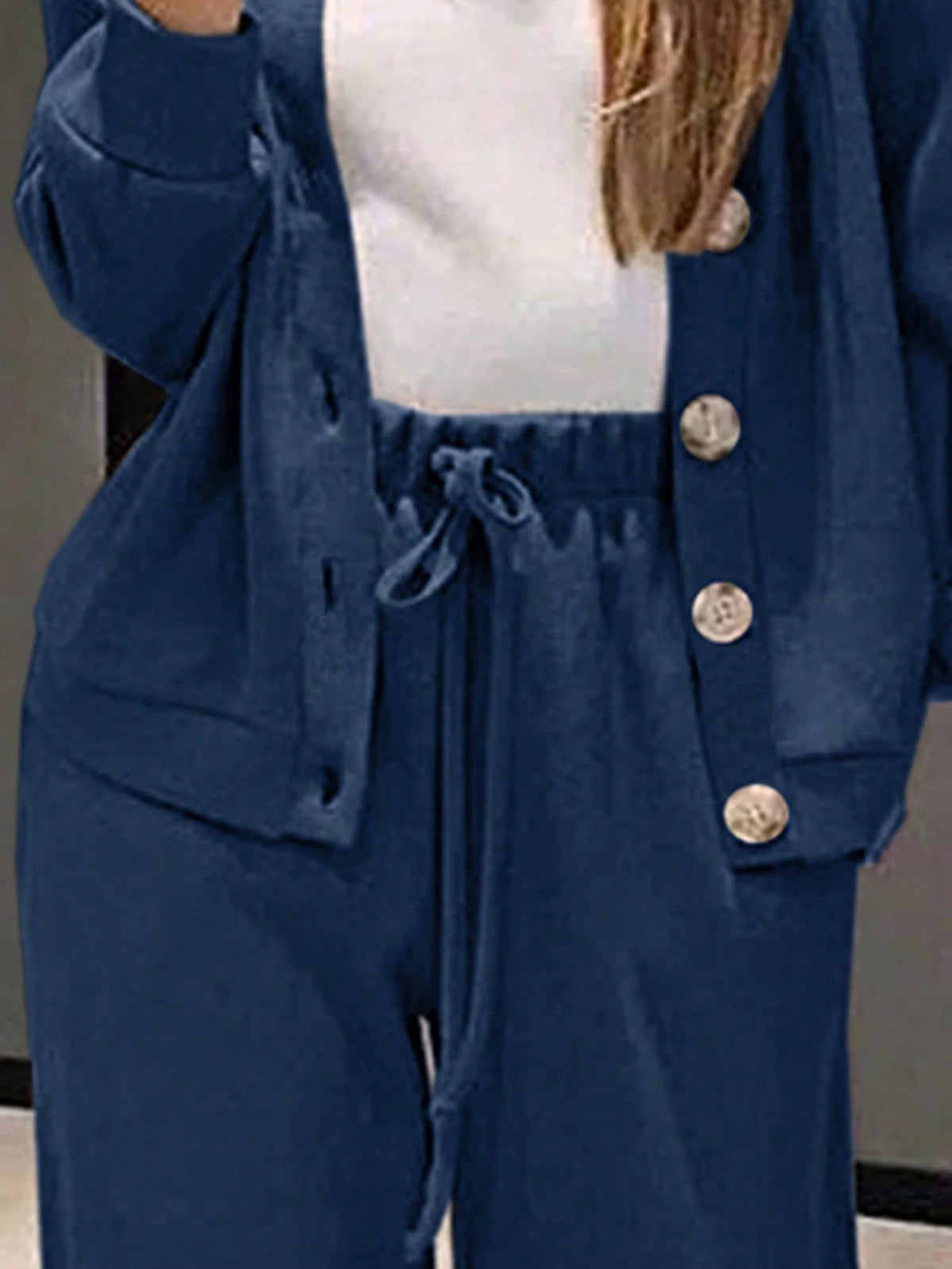 Women's Knit Lounge Set, Button Cardigan and Drawstring Pants, Two-Piece Matching Set, Navy, view 4