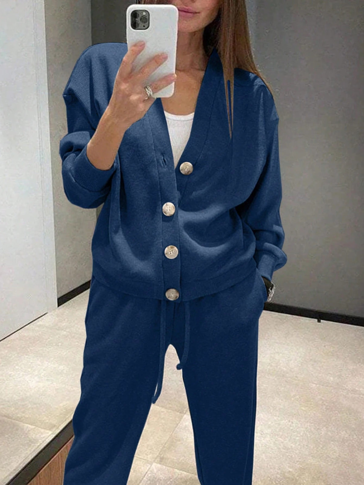 Women's Knit Lounge Set, Button Cardigan and Drawstring Pants, Two-Piece Matching Set, Navy, view 3