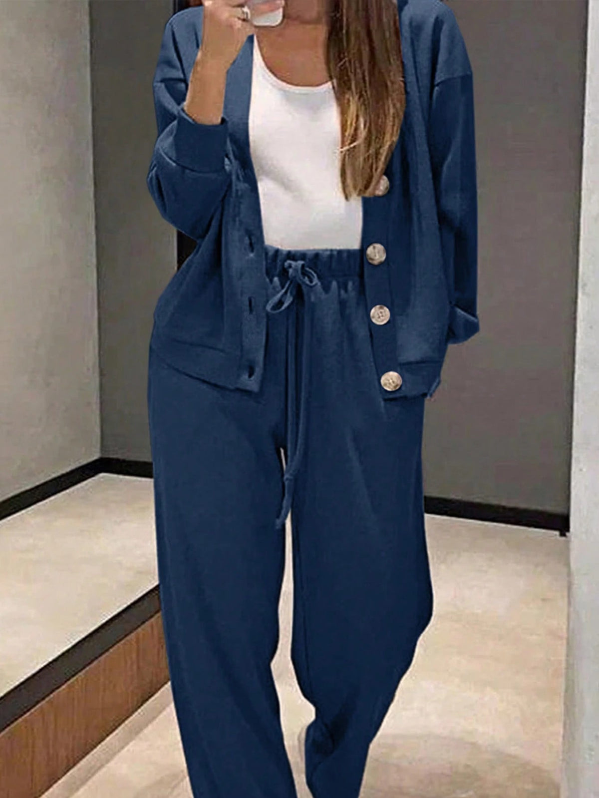 Women's Knit Lounge Set, Button Cardigan and Drawstring Pants, Two-Piece Matching Set, Navy