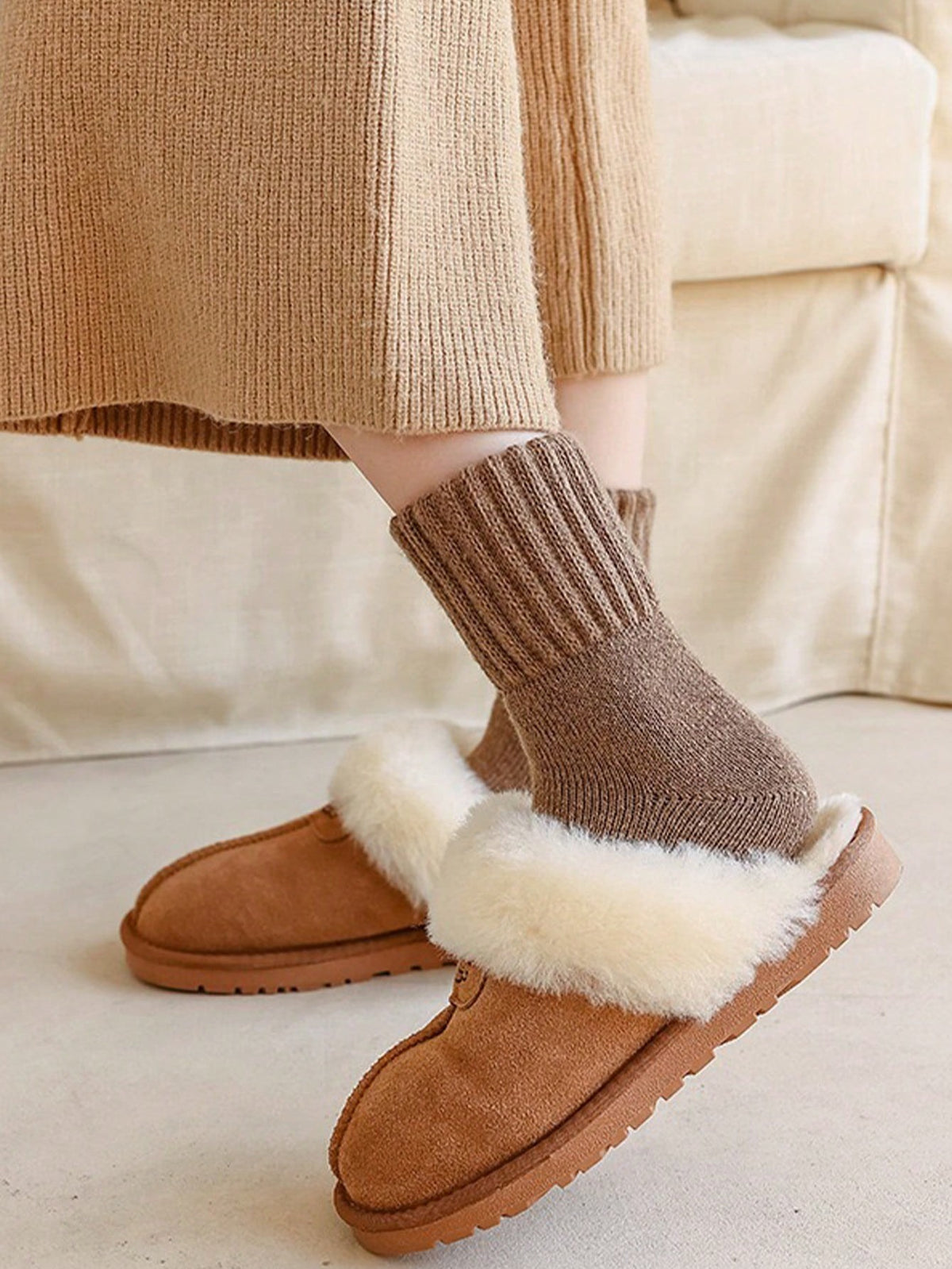 Women's Thick Plush Crew Socks, 5 Pairs in Neutral Colors, Warm Winter Socks, Neutral Mix, view 5