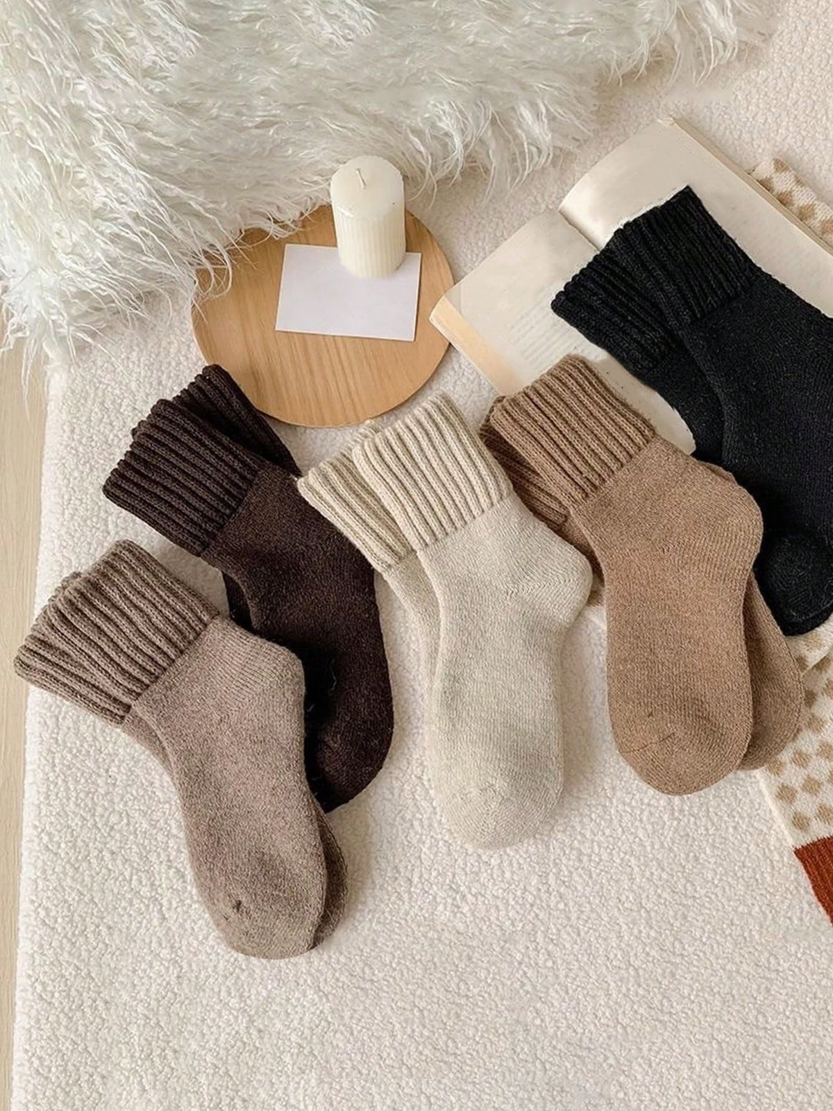 Women's Thick Plush Crew Socks, 5 Pairs in Neutral Colors, Warm Winter Socks, Neutral Mix, view 3