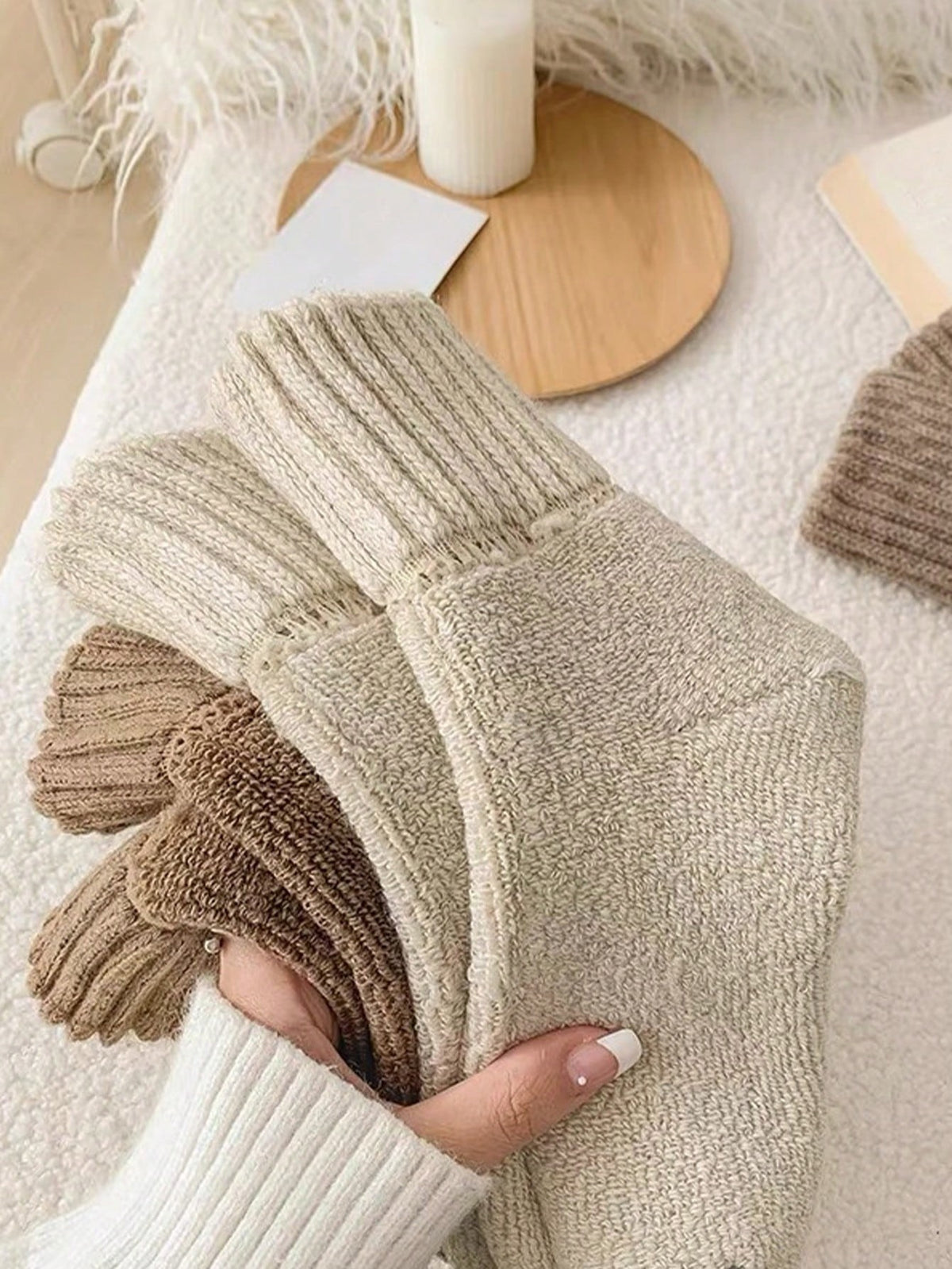Women's Thick Plush Crew Socks, 5 Pairs in Neutral Colors, Warm Winter Socks, Neutral Mix