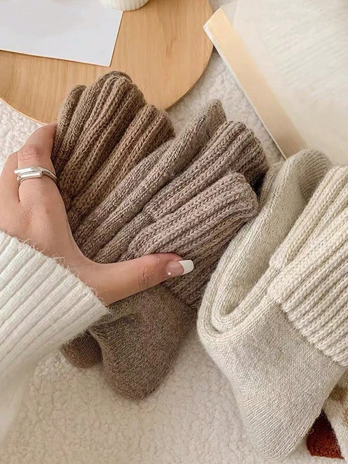 Women's Thick Plush Crew Socks, 5 Pairs in Neutral Colors, Warm Winter Socks, Neutral Mix, view 2