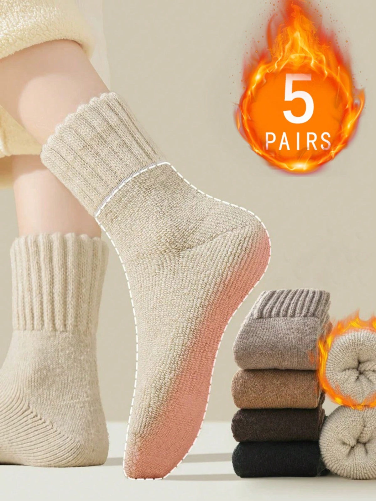 Women's Thick Plush Crew Socks, 5 Pairs in Neutral Colors, Warm Winter Socks, Neutral Mix, view 7