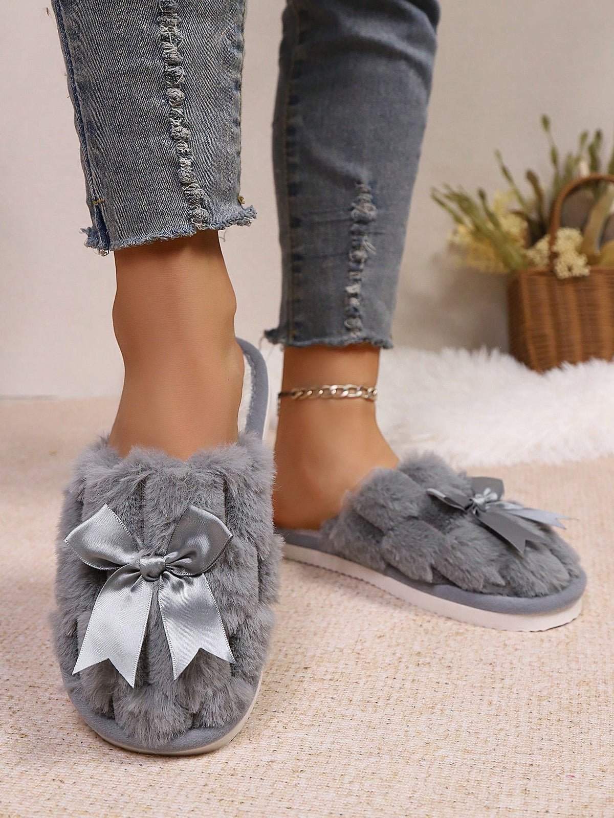 Women's Fuzzy Bow Slippers, Closed-Toe Plush Mules with Satin Bow, Gray, view 4