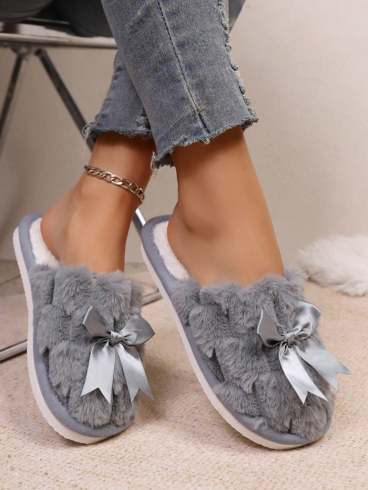 Women's Fuzzy Bow Slippers, Closed-Toe Plush Mules with Satin Bow, Gray, view 7