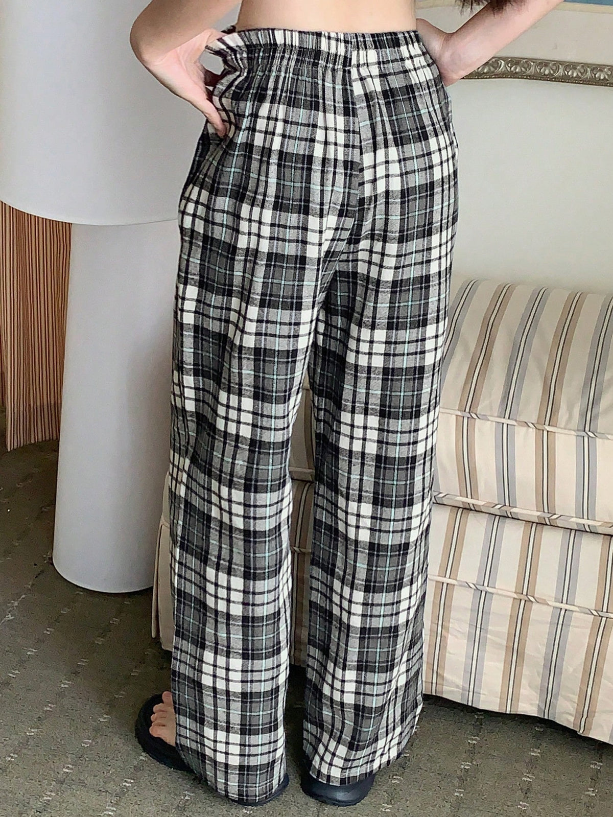 Women's Plaid Pajama Pants, Cotton Blend Straight Leg Lounge Pants with Elastic Waist, Black/White