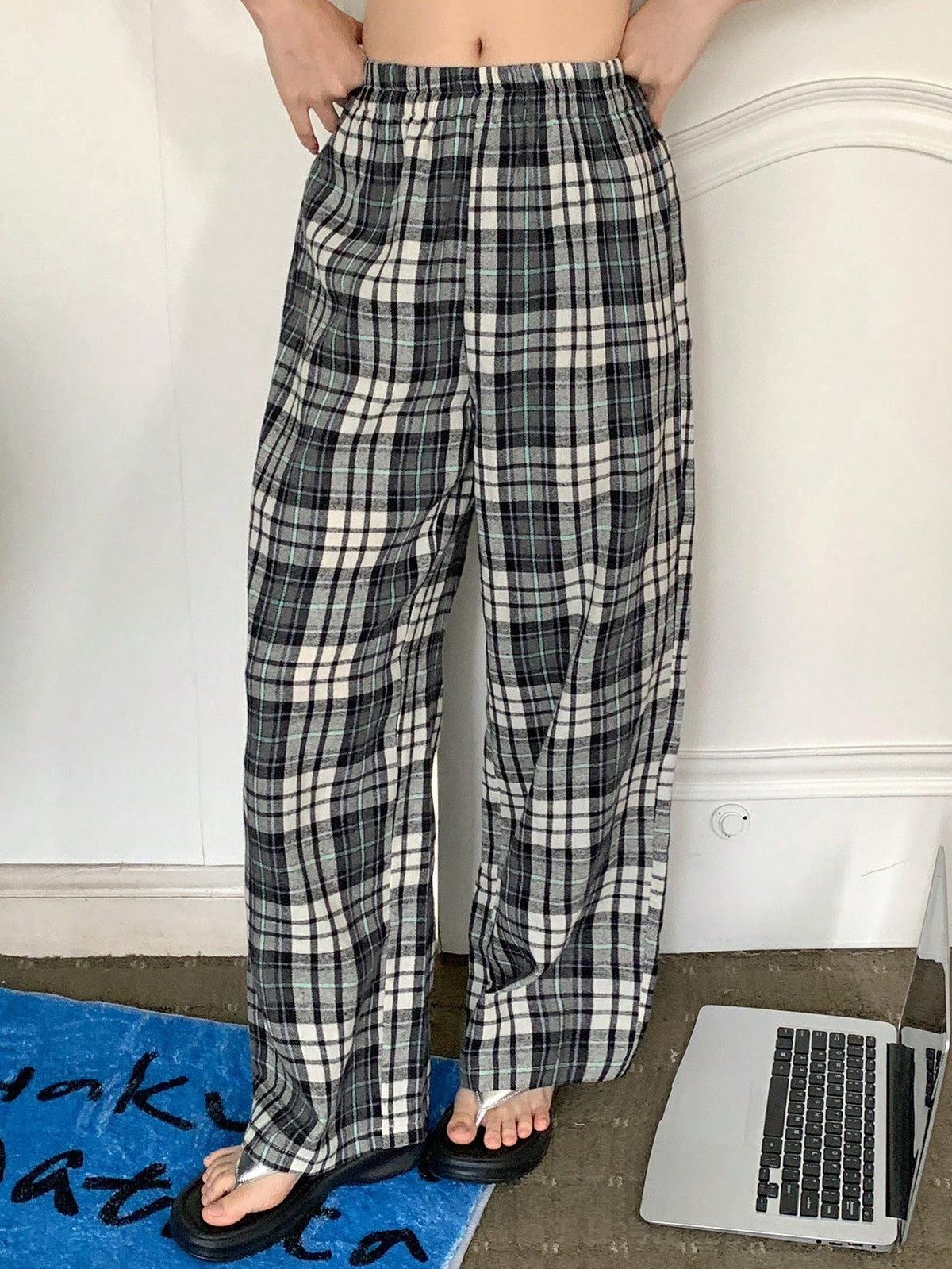 Women's Plaid Pajama Pants, Cotton Blend Straight Leg Lounge Pants with Elastic Waist, Black/White, view 7
