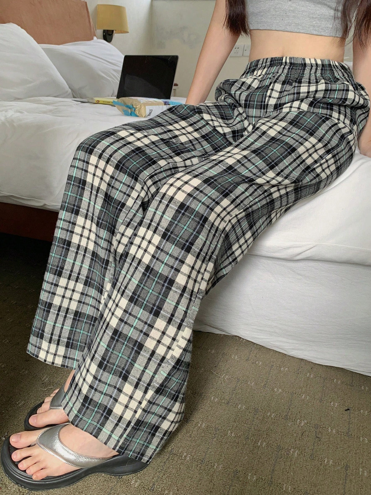 Women's Plaid Pajama Pants, Cotton Blend Straight Leg Lounge Pants with Elastic Waist, Black/White, view 3