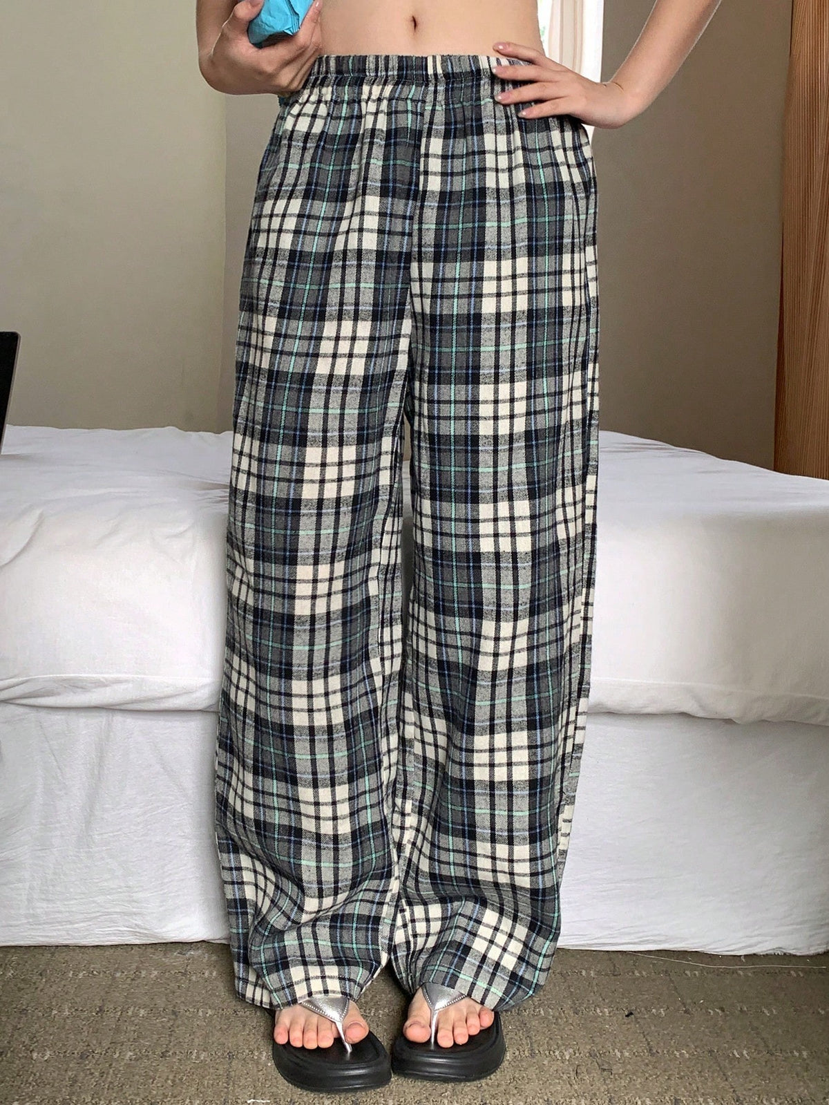 Women's Plaid Pajama Pants, Cotton Blend Straight Leg Lounge Pants with Elastic Waist, Black/White, view 4