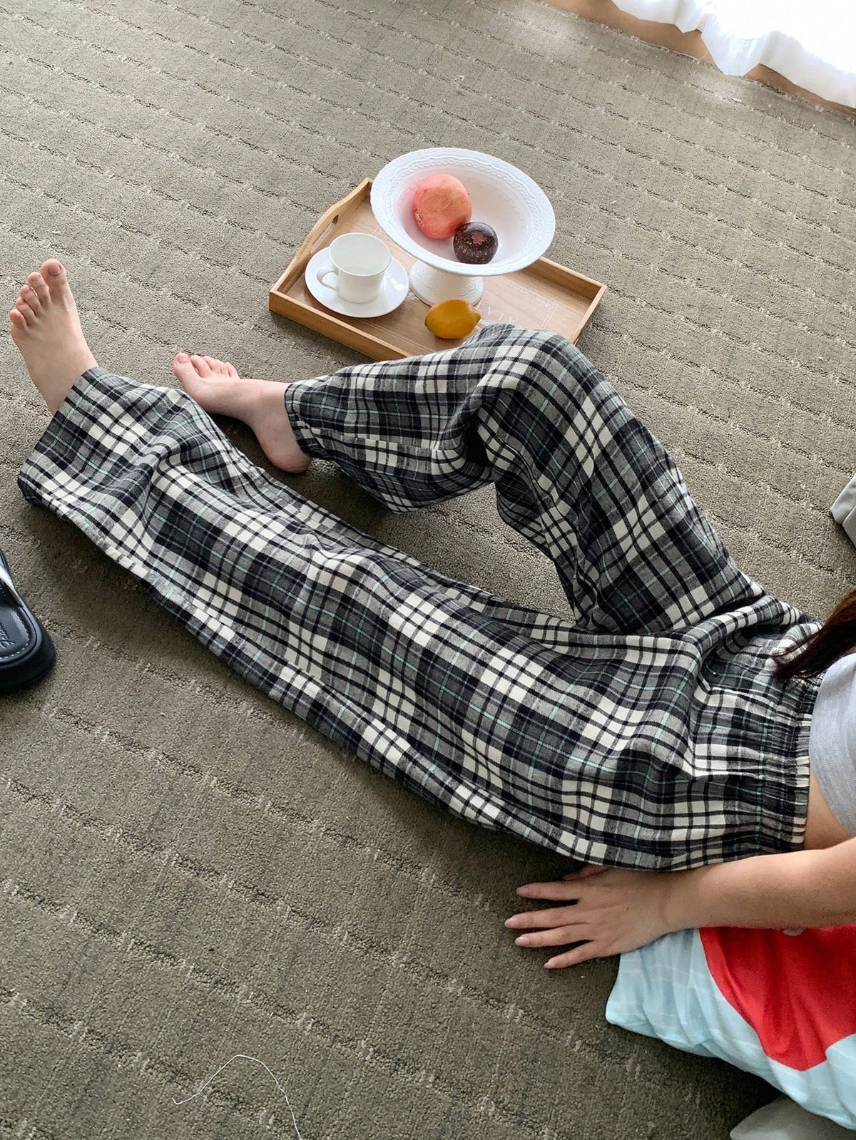Women's Plaid Pajama Pants, Cotton Blend Straight Leg Lounge Pants with Elastic Waist, Black/White, view 5
