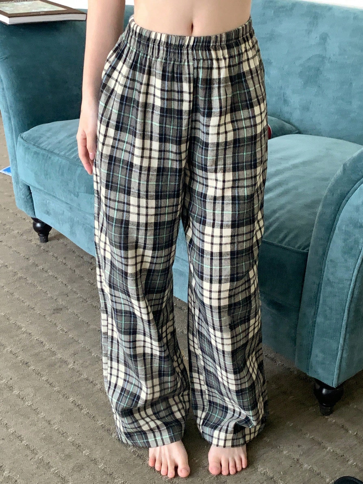 Women's Plaid Pajama Pants, Cotton Blend Straight Leg Lounge Pants with Elastic Waist, Black/White, view 6