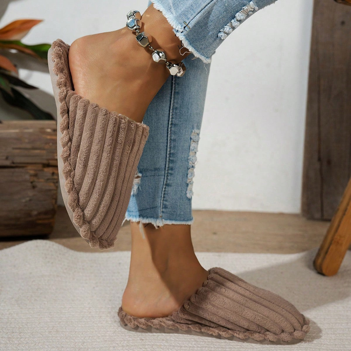 Women's Corduroy Mule Slippers, Closed-Toe Backless House Slippers with Light Sole, Mocha Brown, view 3