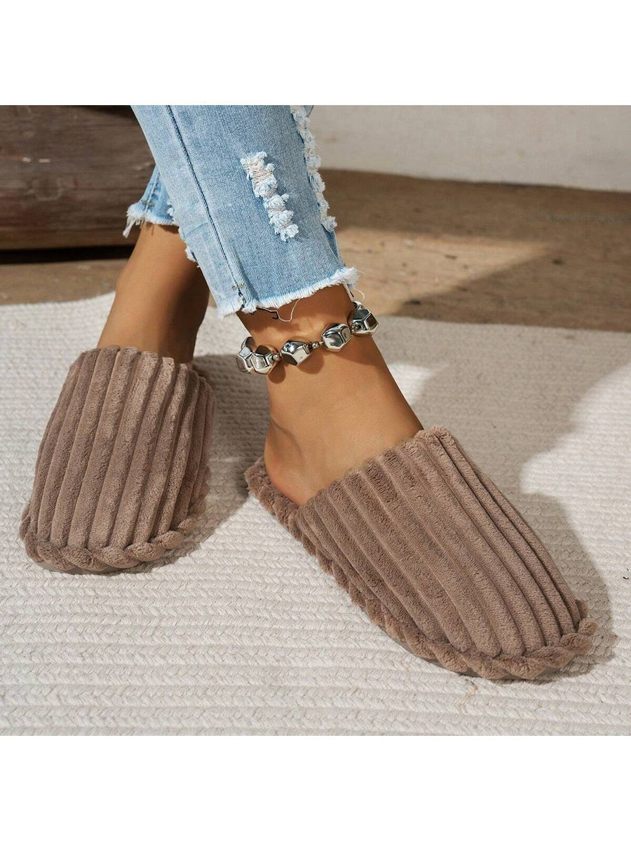 Women's Corduroy Mule Slippers, Closed-Toe Backless House Slippers with Light Sole, Mocha Brown