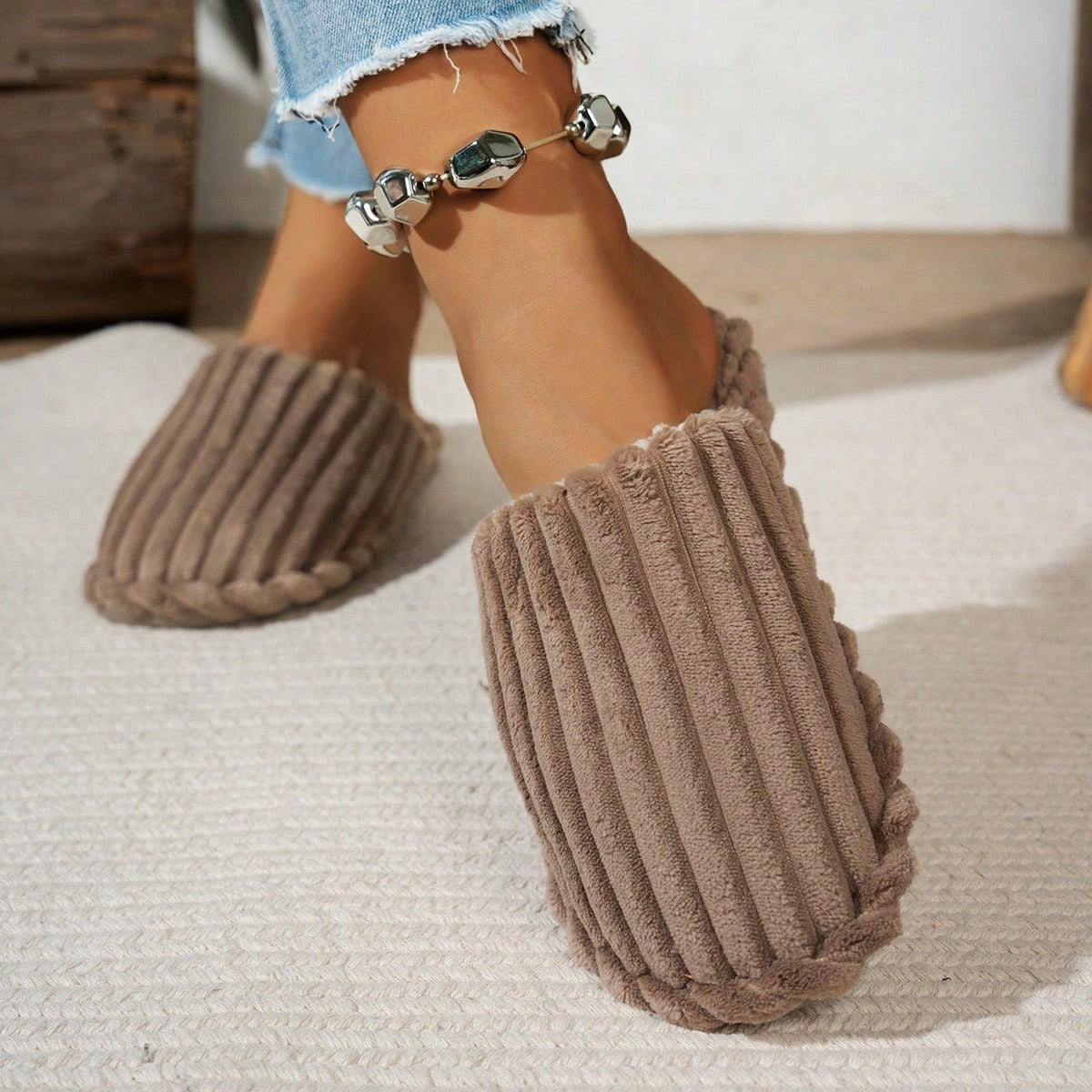 Women's Corduroy Mule Slippers, Closed-Toe Backless House Slippers with Light Sole, Mocha Brown, view 4