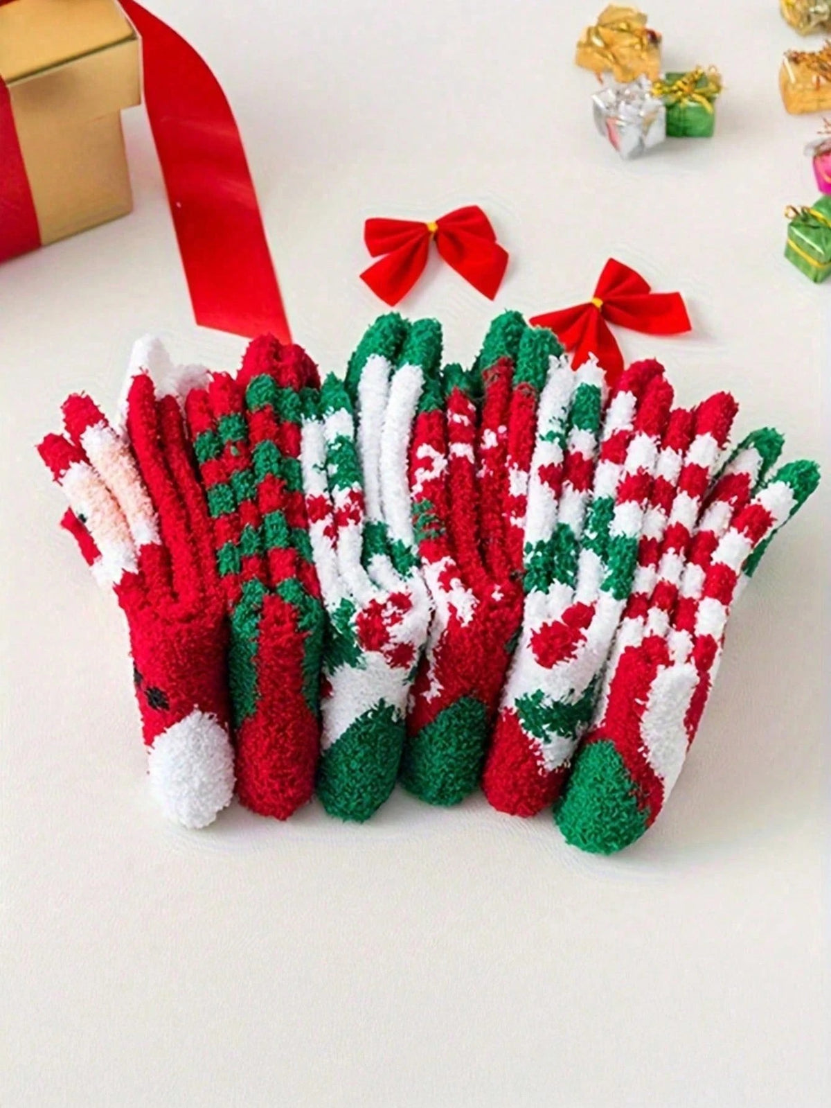 Women's Fuzzy Christmas Socks, 6 Pairs with Santa, Trees and Candy Stripes, Christmas Mix, view 7