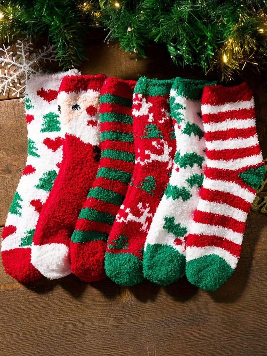 Women's Fuzzy Christmas Socks, 6 Pairs with Santa, Trees and Candy Stripes, Christmas Mix