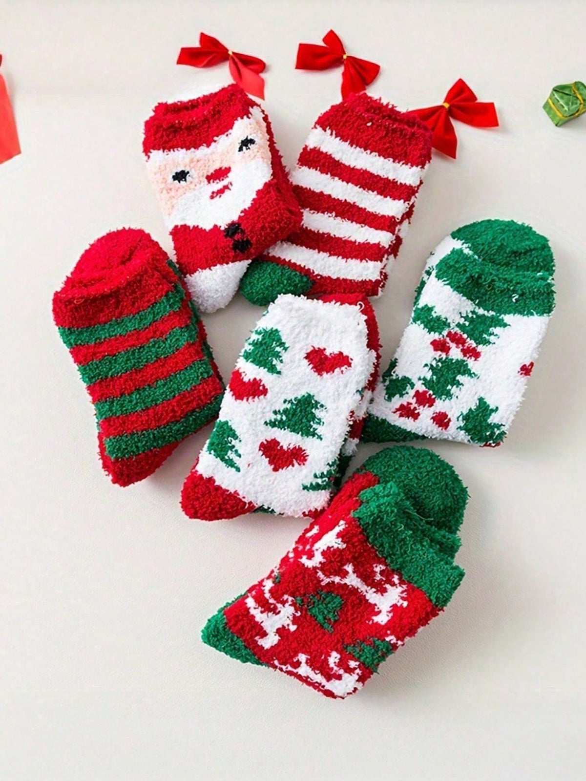 Women's Fuzzy Christmas Socks, 6 Pairs with Santa, Trees and Candy Stripes, Christmas Mix, view 6
