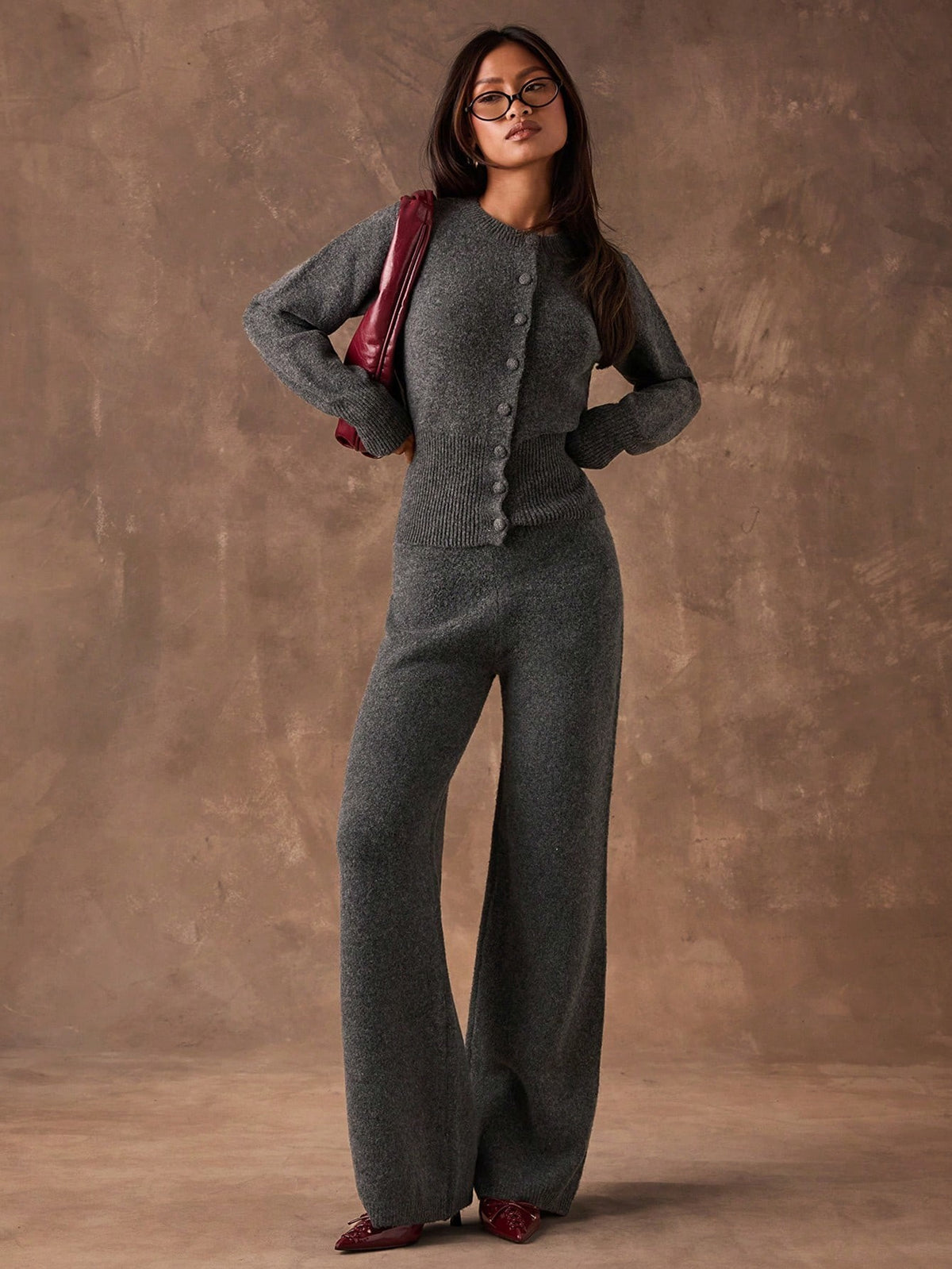 Women's Sweater Knit Lounge Set, Crew Neck Button Cardigan and Wide Leg Knit Pants, Dark Gray, view 4