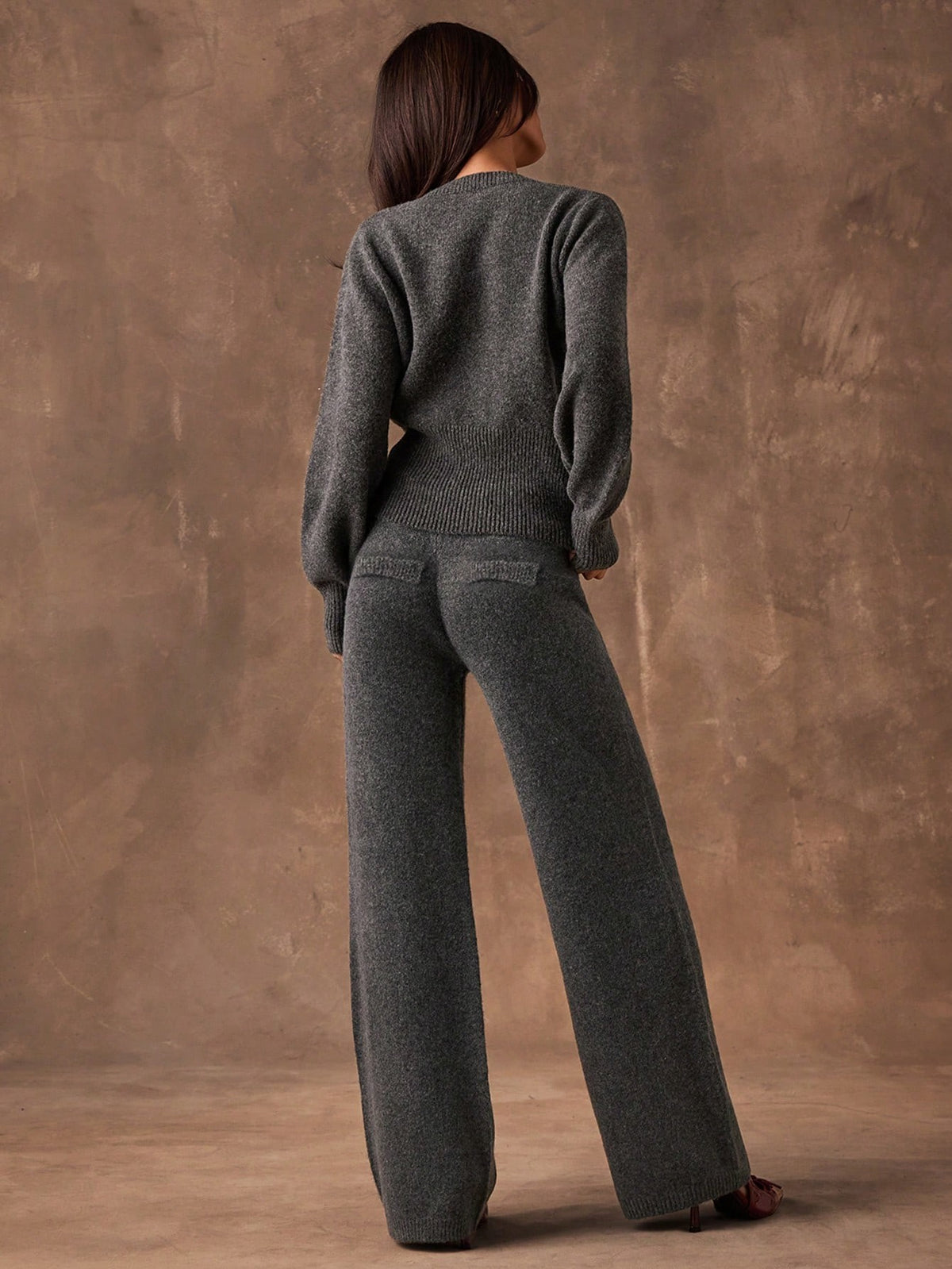 Women's Sweater Knit Lounge Set, Crew Neck Button Cardigan and Wide Leg Knit Pants, Dark Gray, view 2