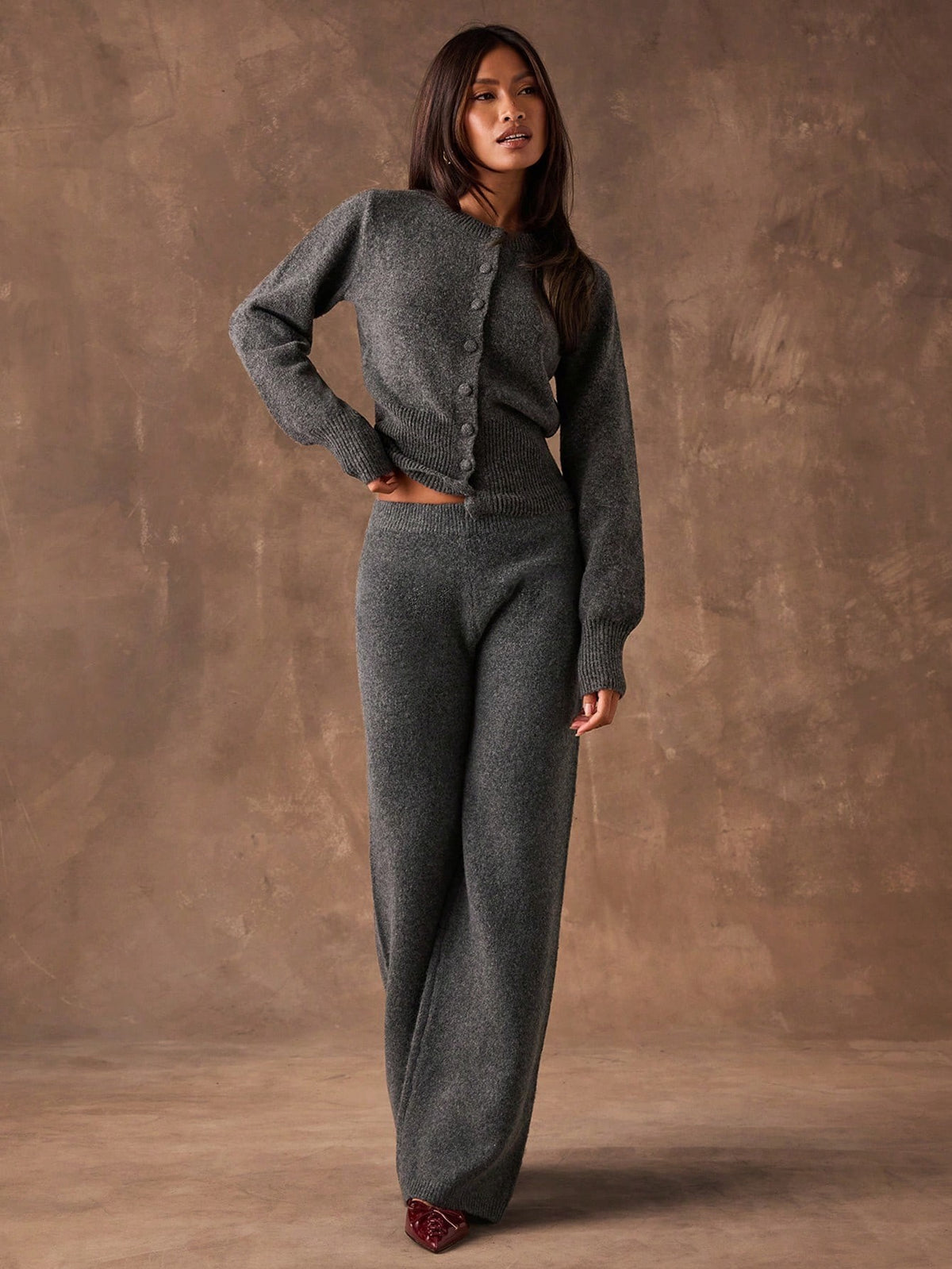 Women's Sweater Knit Lounge Set, Crew Neck Button Cardigan and Wide Leg Knit Pants, Dark Gray, view 3