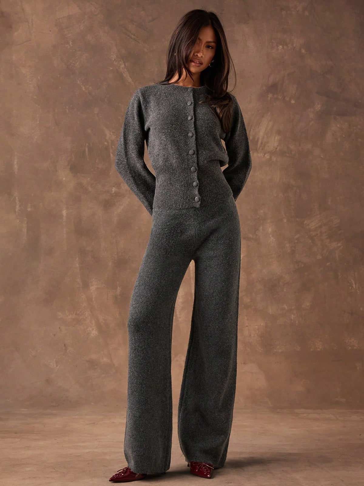 Women's Sweater Knit Lounge Set, Crew Neck Button Cardigan and Wide Leg Knit Pants, Dark Gray