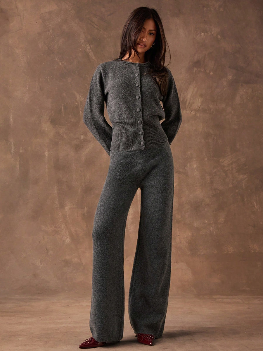 Women's Sweater Knit Lounge Set, Crew Neck Button Cardigan and Wide Leg Knit Pants, Dark Gray