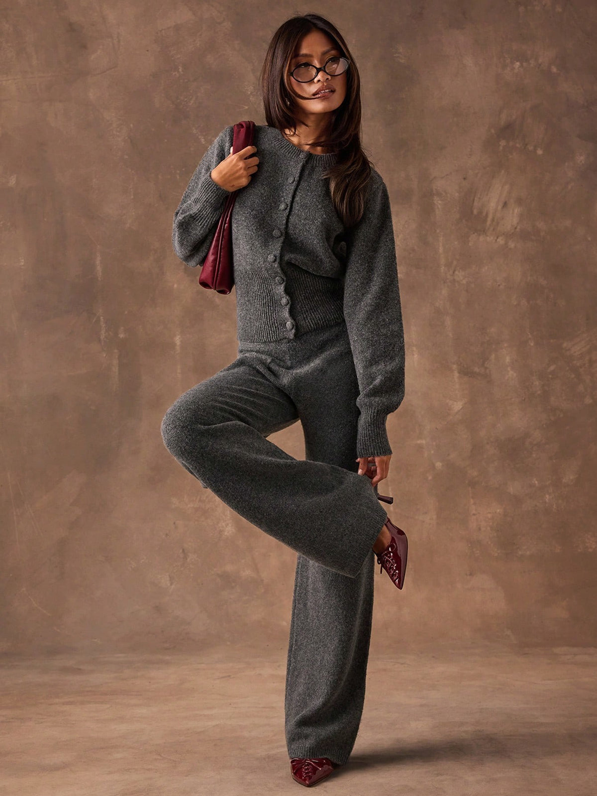 Women's Sweater Knit Lounge Set, Crew Neck Button Cardigan and Wide Leg Knit Pants, Dark Gray, view 5