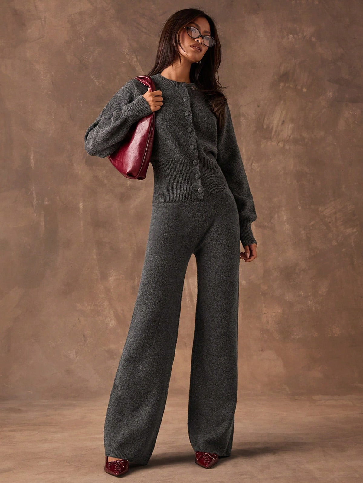 Women's Sweater Knit Lounge Set, Crew Neck Button Cardigan and Wide Leg Knit Pants, Dark Gray, view 6