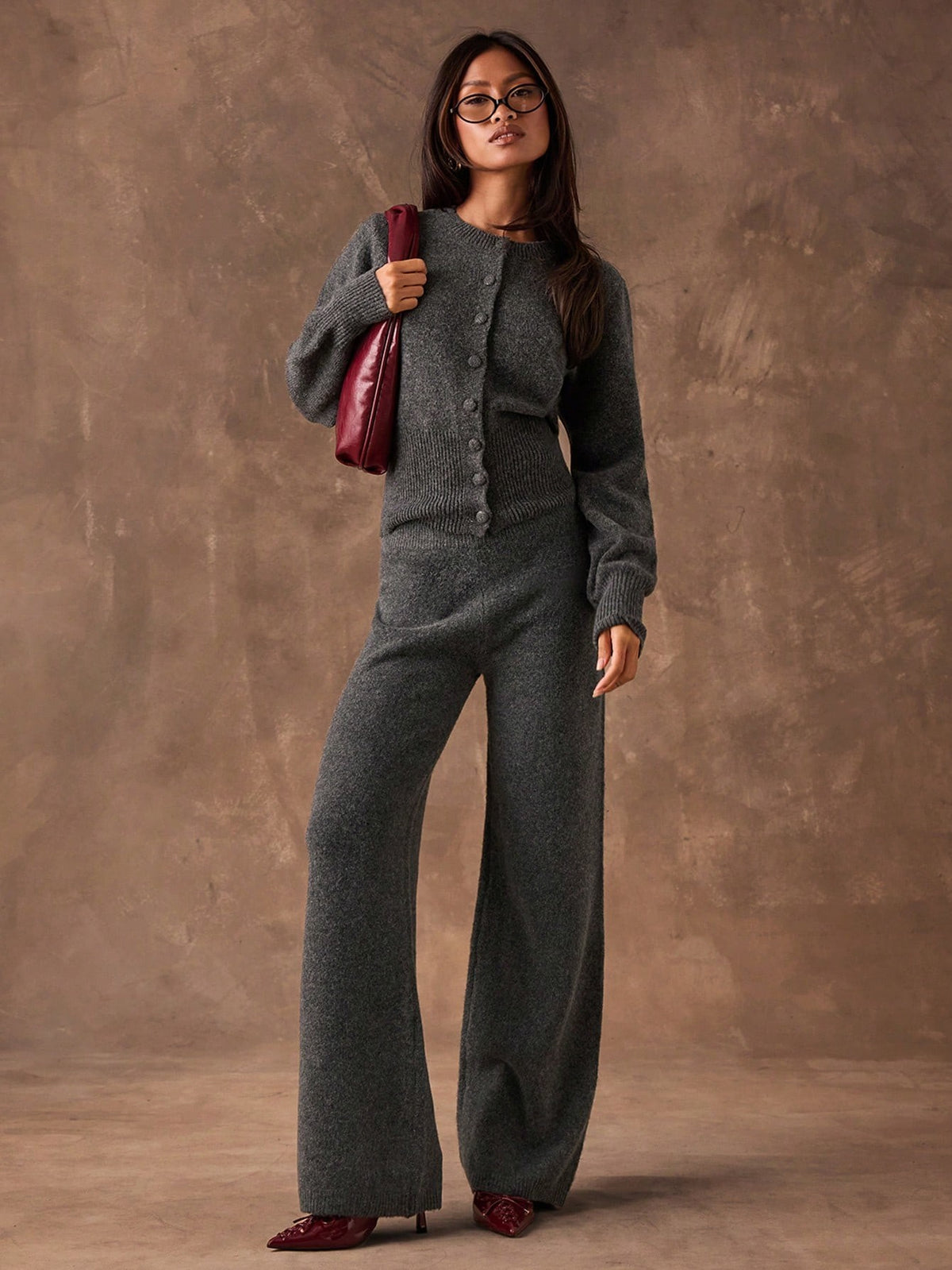 Women's Sweater Knit Lounge Set, Crew Neck Button Cardigan and Wide Leg Knit Pants, Dark Gray, view 7