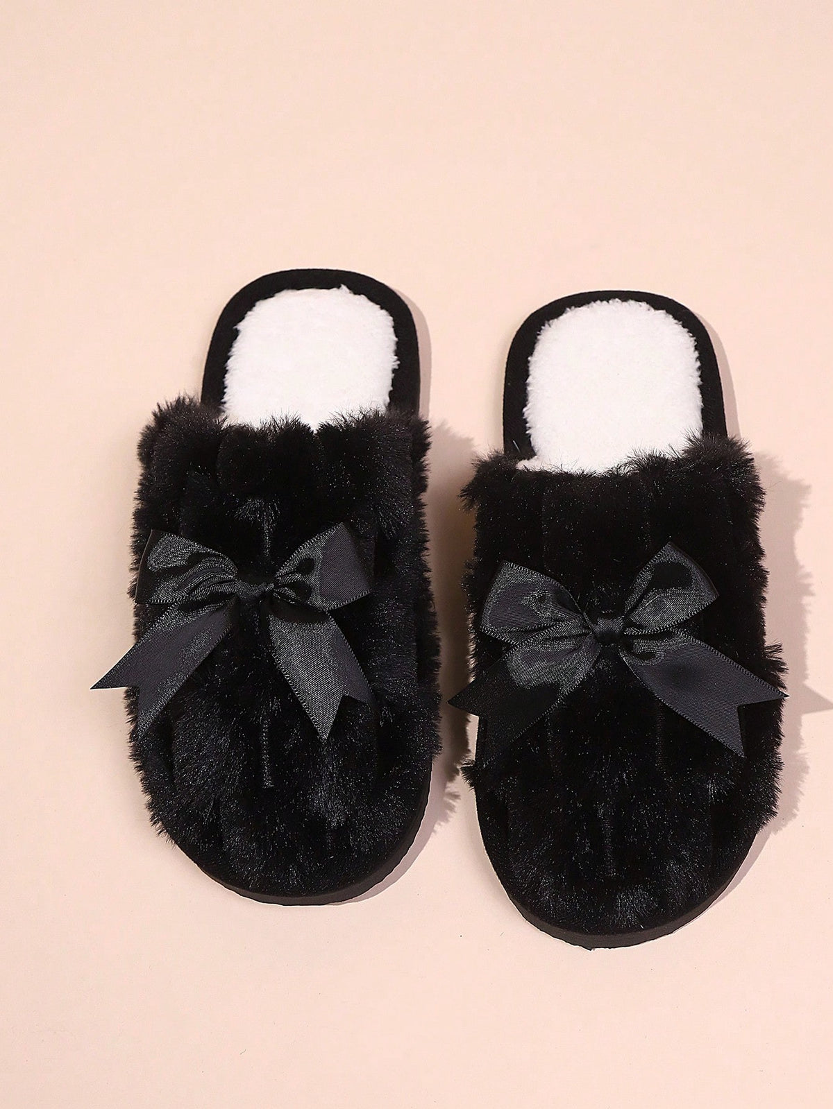 Women's Fuzzy Bow Slippers, Closed-Toe Plush Mules with Satin Bow, Black