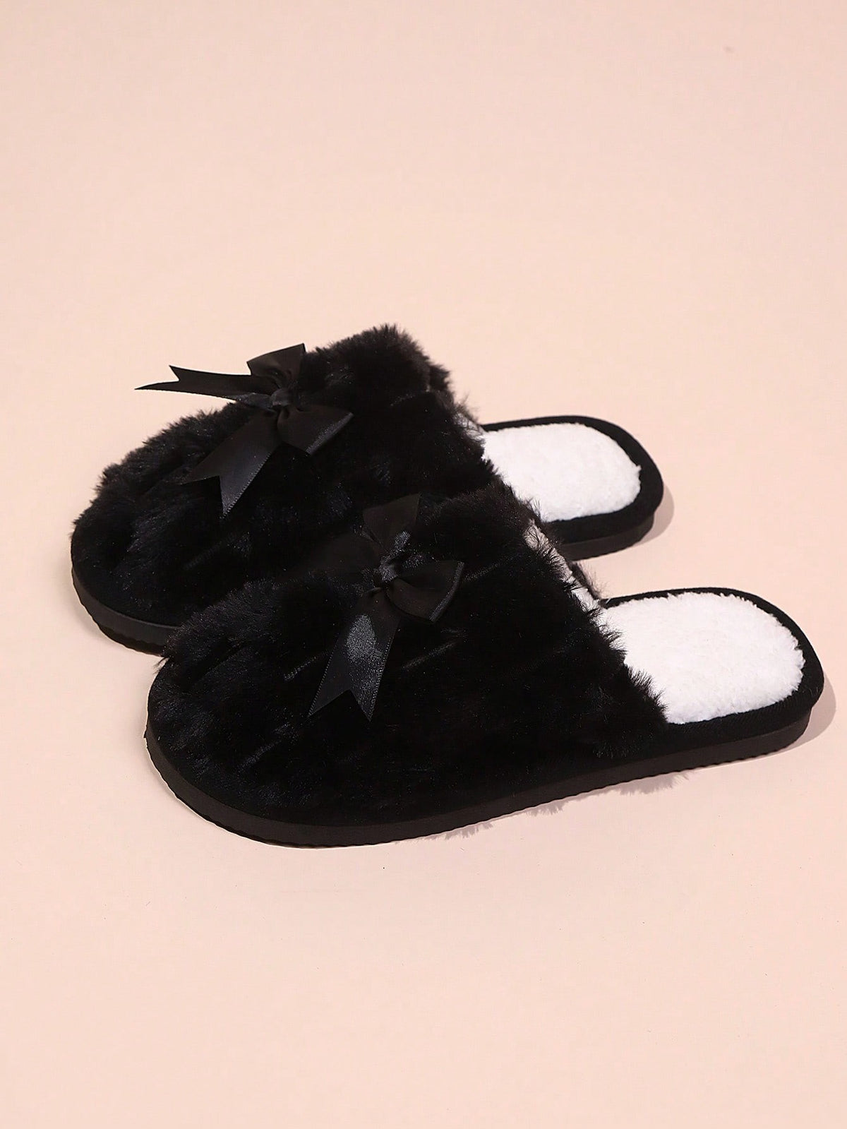 Women's Fuzzy Bow Slippers, Closed-Toe Plush Mules with Satin Bow, Black, view 2