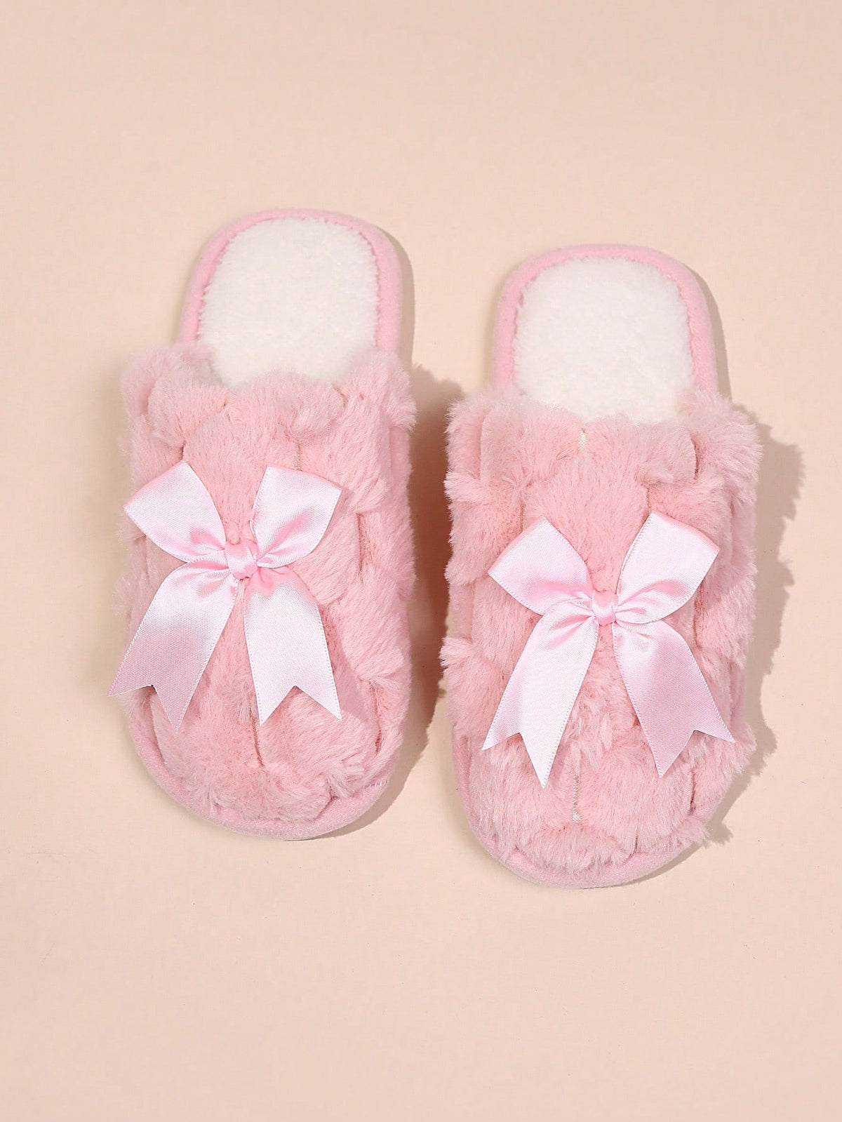 Women's Fuzzy Bow Slippers, Closed-Toe Plush Mules with Satin Bow, Pink