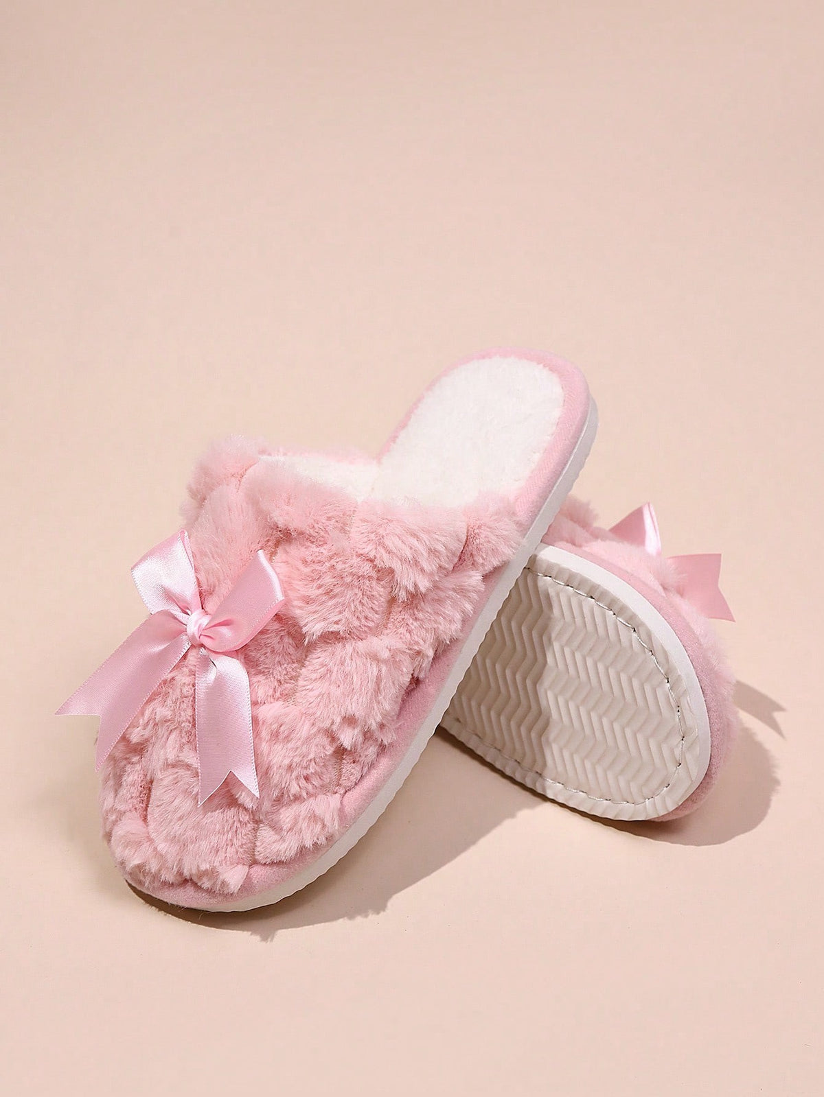 Women's Fuzzy Bow Slippers, Closed-Toe Plush Mules with Satin Bow, Pink, view 2