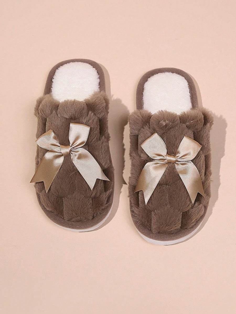 Women's Fuzzy Bow Slippers, Closed-Toe Plush Mules with Satin Bow, Brown