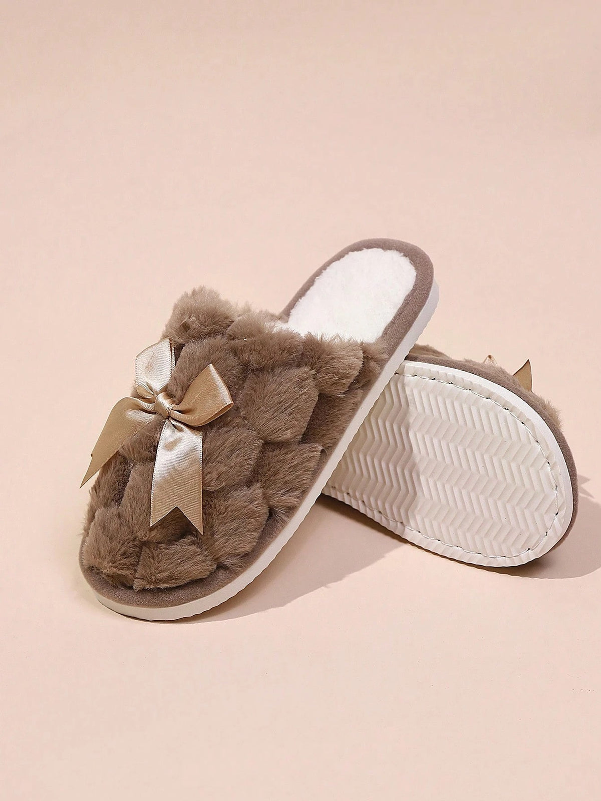 Women's Fuzzy Bow Slippers, Closed-Toe Plush Mules with Satin Bow, Brown, view 2