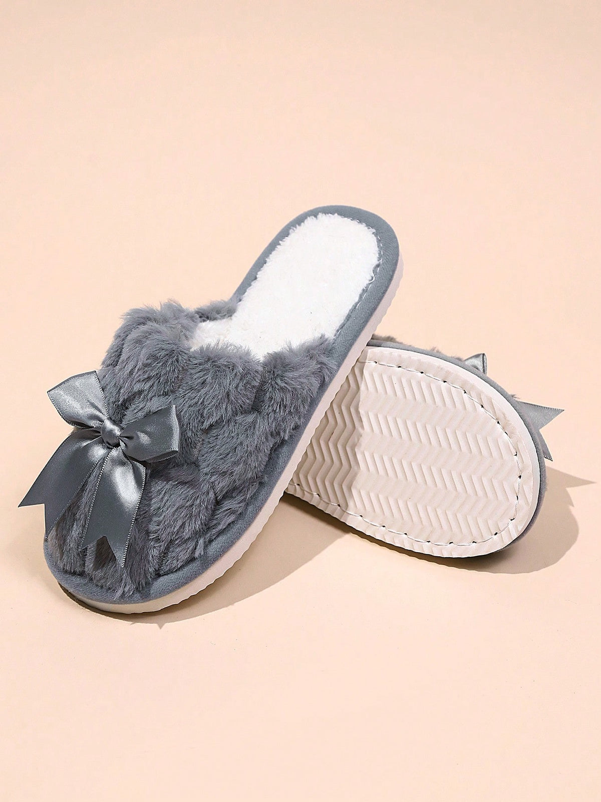 Women's Fuzzy Bow Slippers, Closed-Toe Plush Mules with Satin Bow, Gray, view 2