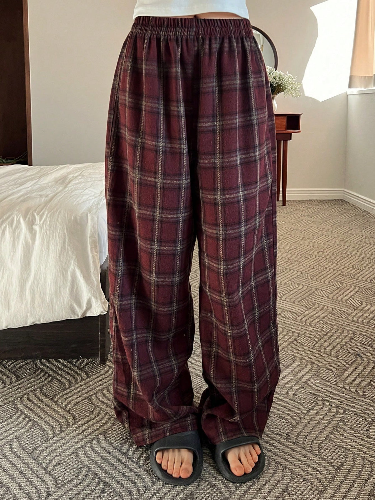 Women's Plaid Pajama Pants, Cotton Blend Straight Leg Lounge Pants with Elastic Waist, Burgundy, view 3