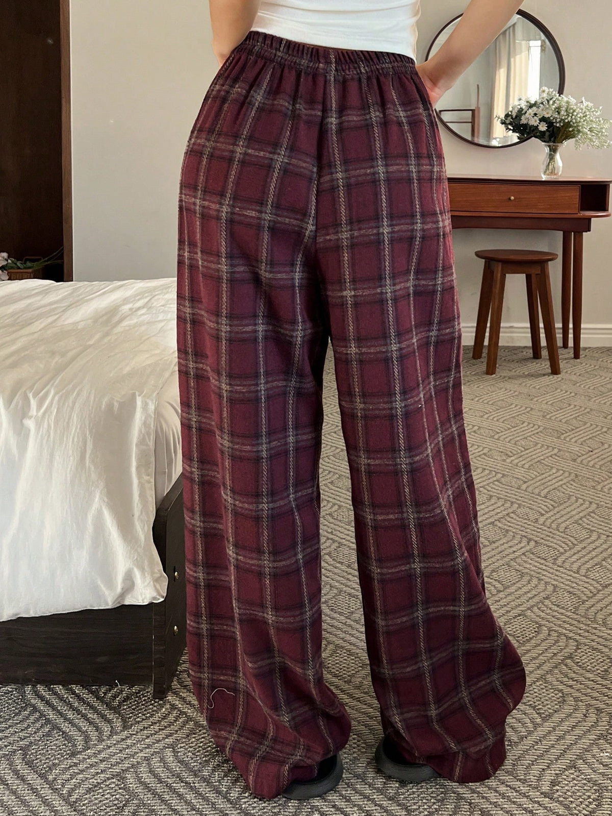 Women's Plaid Pajama Pants, Cotton Blend Straight Leg Lounge Pants with Elastic Waist, Burgundy, view 2